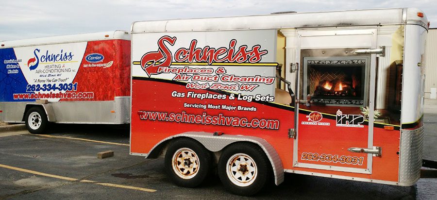 Fireplace installation trailers hauled and used by Schneiss Heating & Air Conditioning in West Bend, WI
